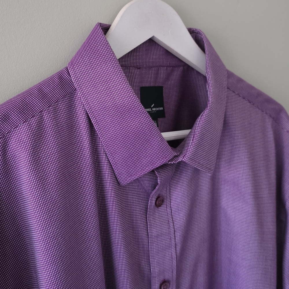 NWOT Daniel Hechter Paris 18.5 Modern Retro Preppy Purple Pin Check Dress Shirt
